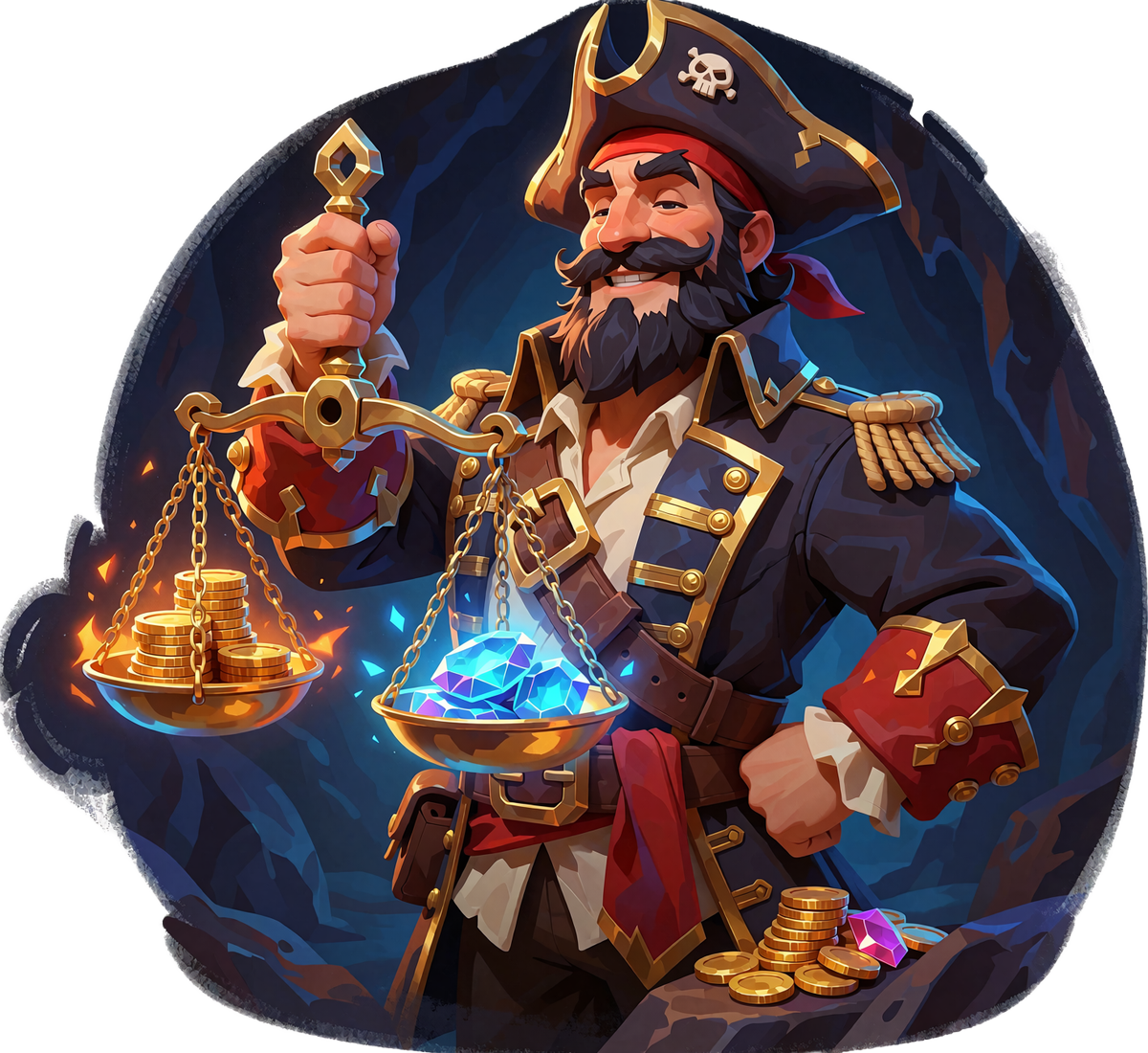 Smash Casinos piratkaptajn holder en messingv&aelig;gt med guldm&oslash;nter og bl&aring; krystaller i balance foran en krystalgrotte