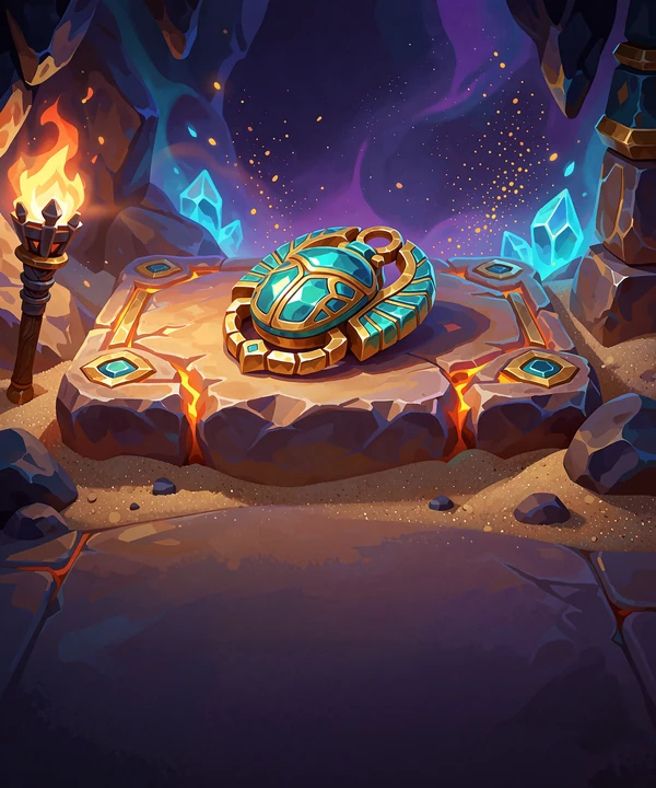 Gylden skarab&aelig;-amulet p&aring; et stenalter, stemningsbillede for slotten Book of Dead hos Smash Casino