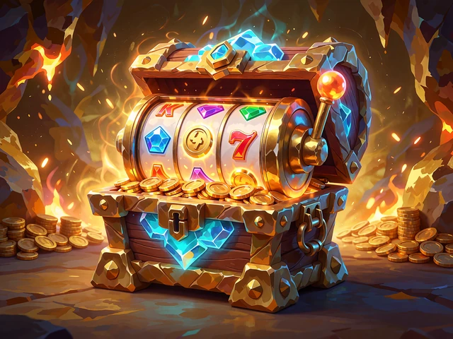 Gylden spilleautomat med lysende hjul bygget ind i l&aring;get p&aring; en skattekiste fuld af guldm&oslash;nter, kategorien online slots