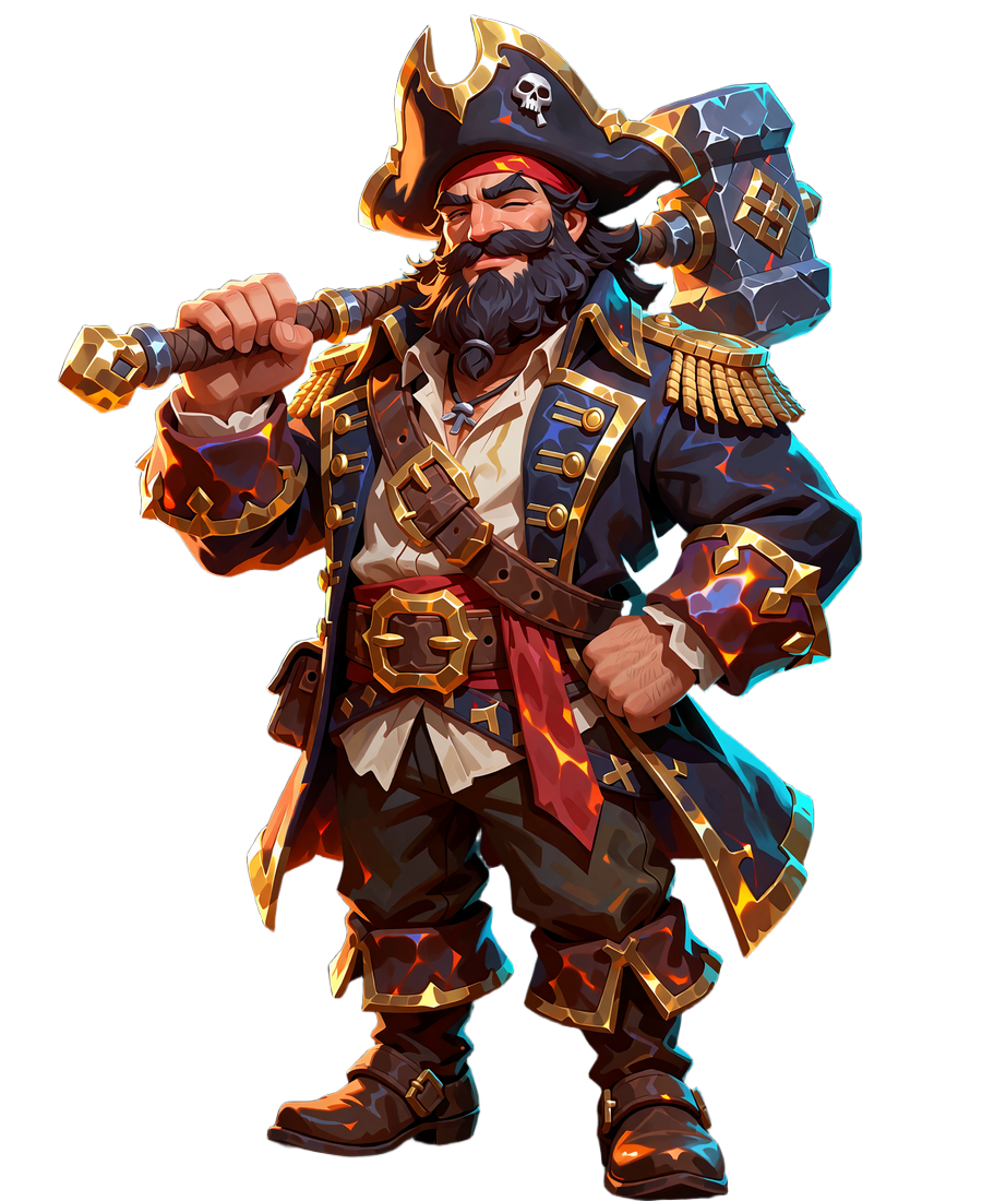 Smash Casinos 3D-piratkaptajn med sort tricornhat og stenhammer p&aring; skulderen, brandets maskot