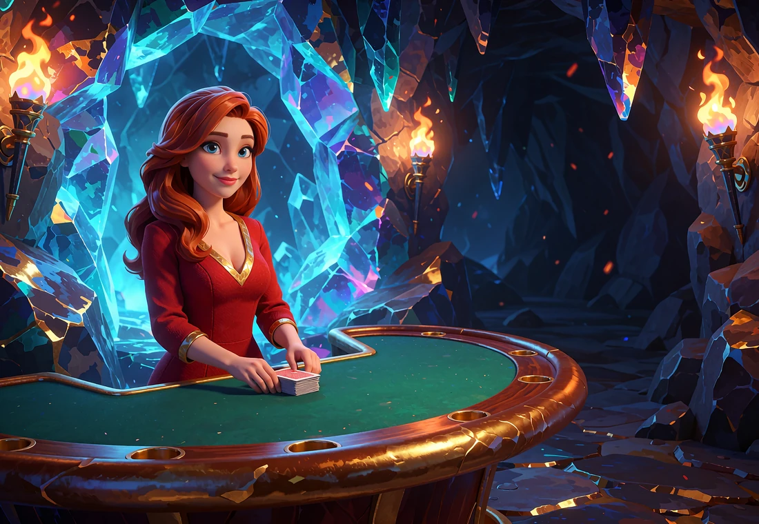 Venlig live-dealer ved et gr&oslash;nt blackjackbord i en oplyst krystalhule, live casino hos Smash Casino